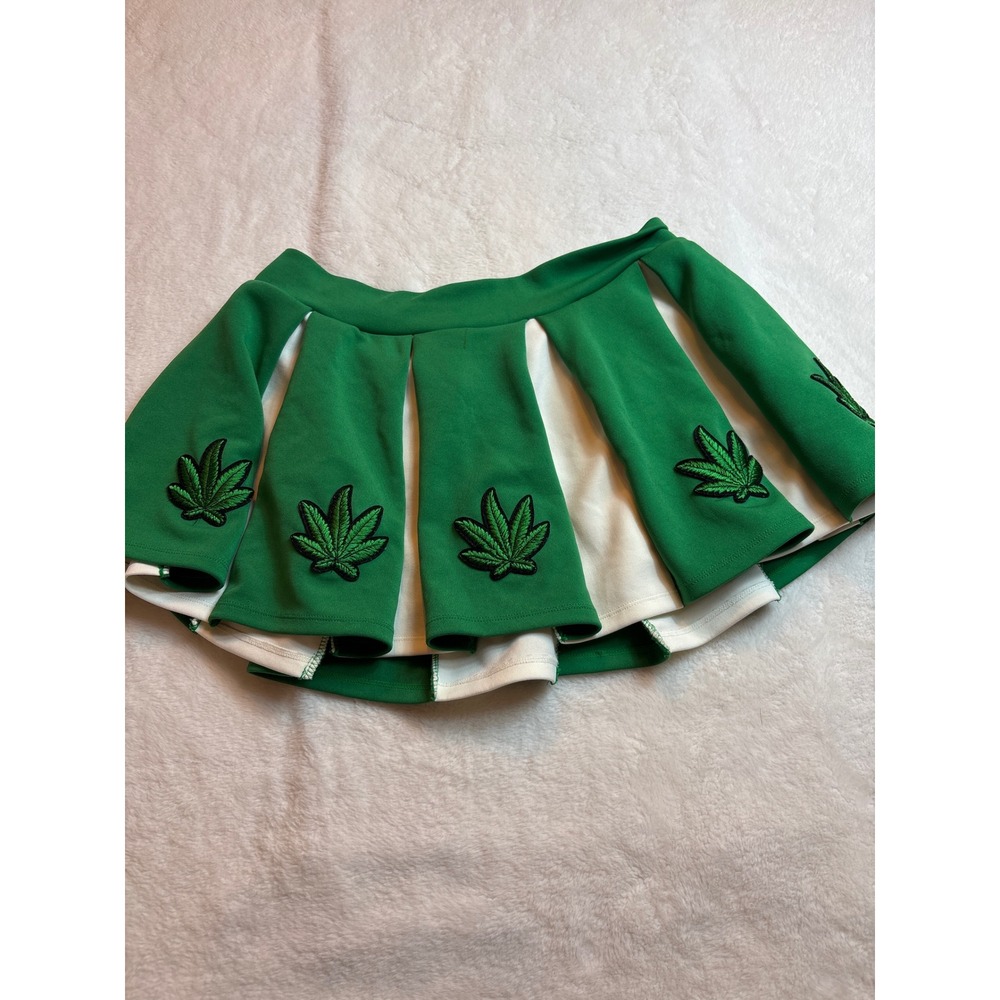Green White Cannabis Leaf Embroidered Pleated Cheer Mini Skirt Festival Wear